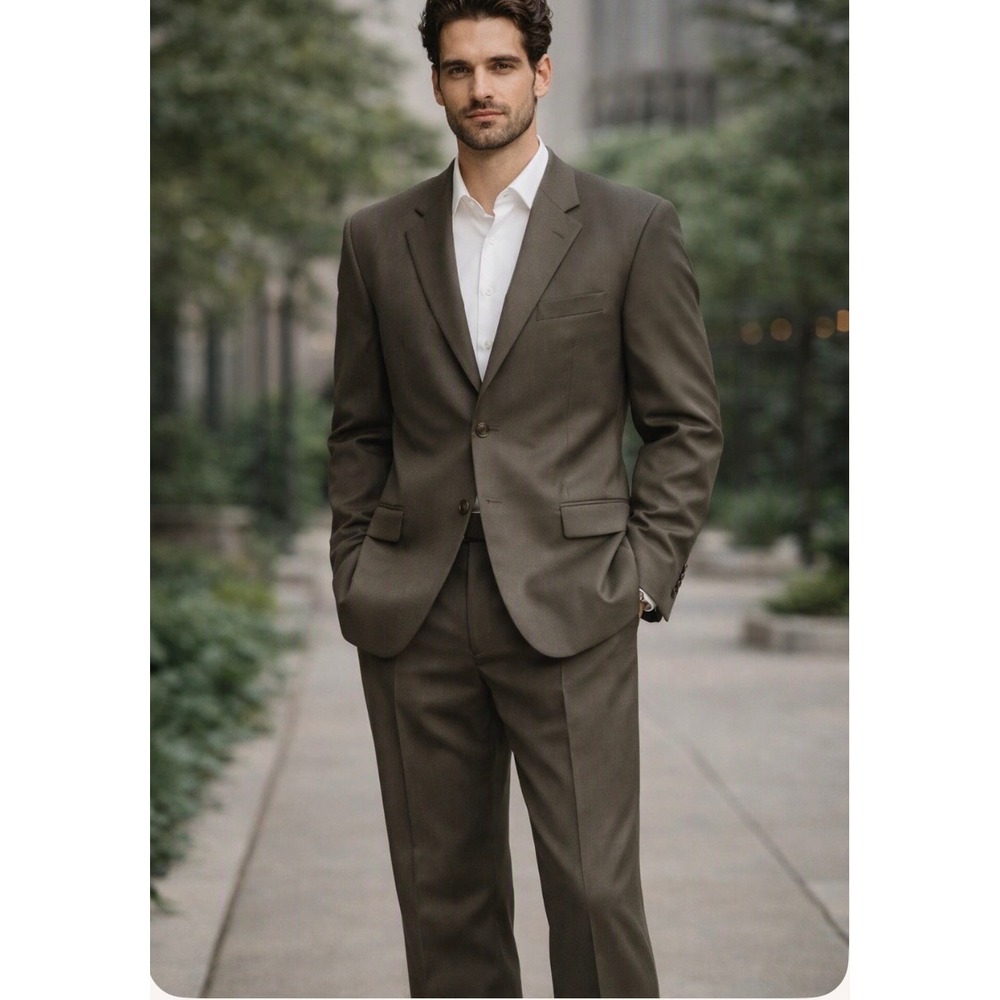 Albert Nipon Mens Wool Blend 3 Button Suit Olive Brown Pleated Pant 44R.